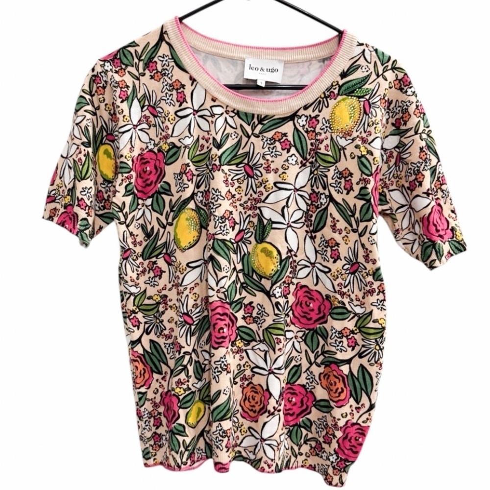 LEO & UGO Floral Short Sleeve Top Embellished Size 1